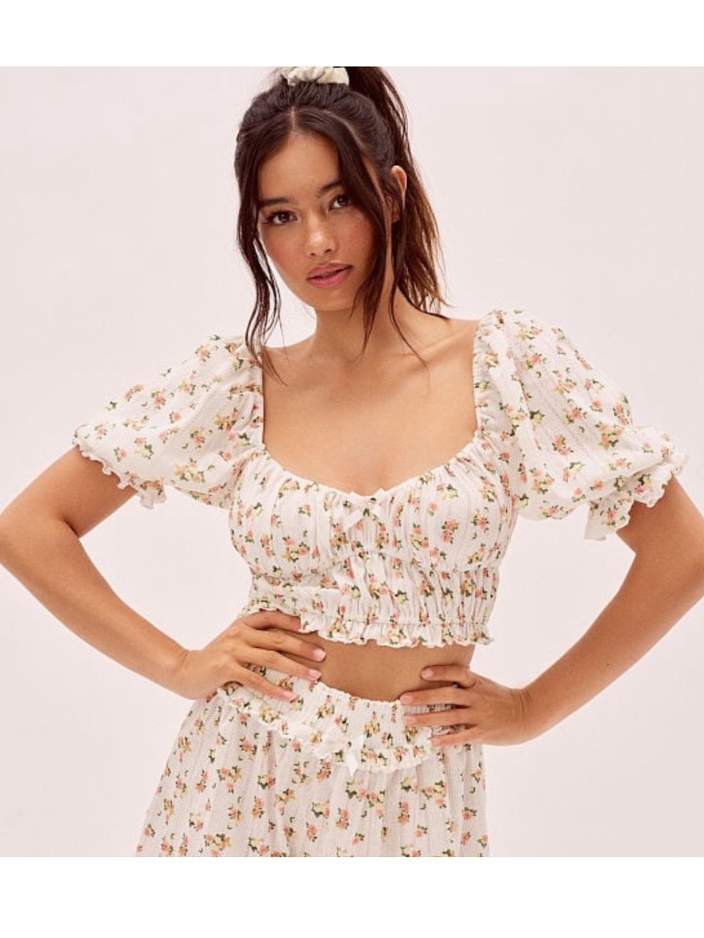 For Love & Lemons Lola Pointelle Floral Smocked Crop Top - Size L